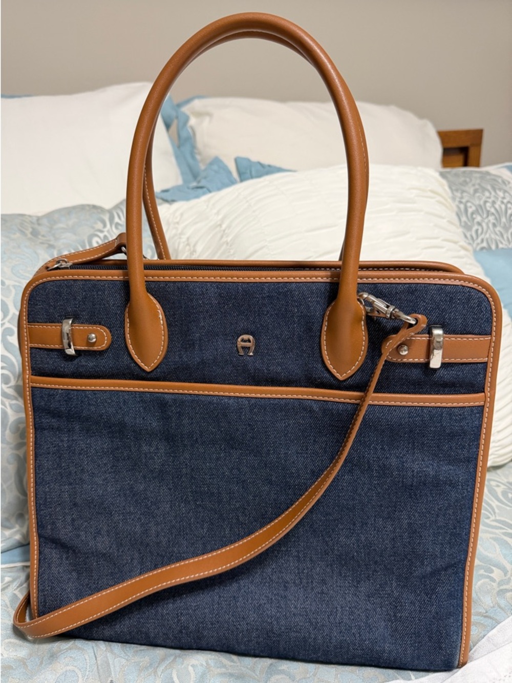 Etienne Aigner Denim and Tan Leather Purse Tote